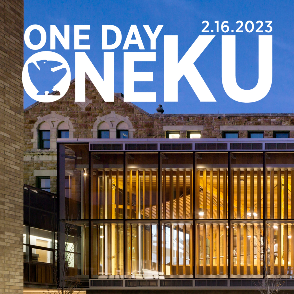 Text says 'ONE DAY. ONE KU. 2.16.2023' over color photograph of Marvin Hall Forum exterior.