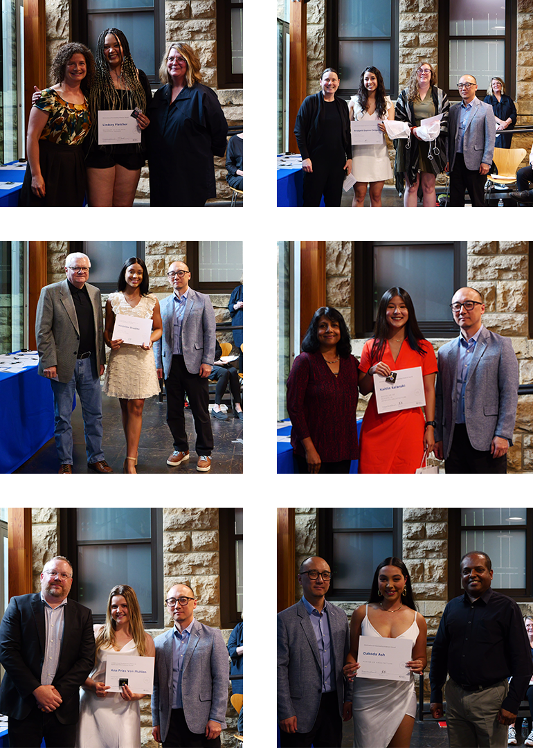 Students pose with professors and mentors while holding their awards