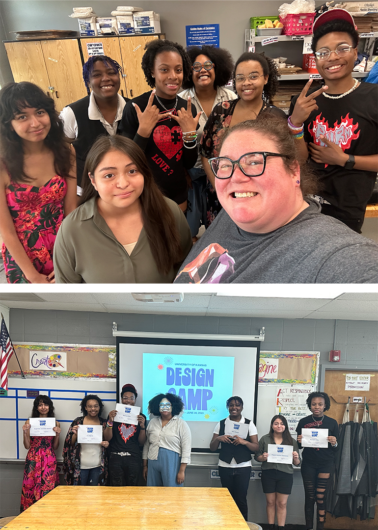 Prof. Sam Meier with students of the Hickman High School District and students pose for a selfie 