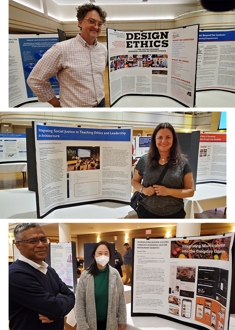 Professors stand next to course redesign presentation posters displaying research.