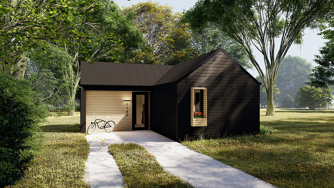 Digital rendering of a small home clad in black wood with a black metal gable roof.