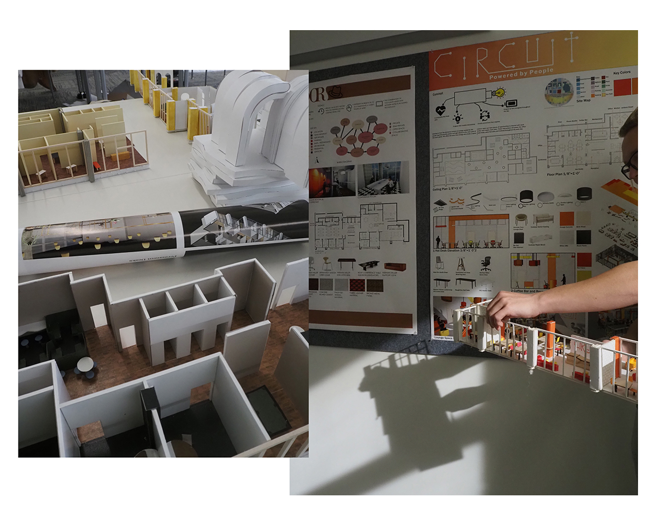 Two color photographs show details of design studio setting–architecture models and presentation boards on walls and tables.