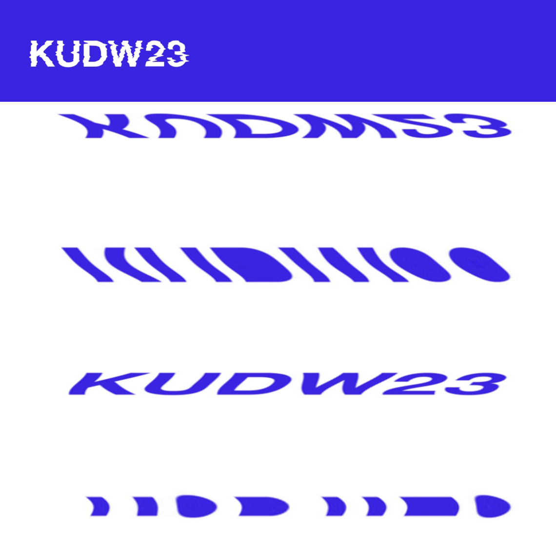 screen shot of 2023 KU Design Week webpage, blue warped repeated text 'KUDW23' on white background