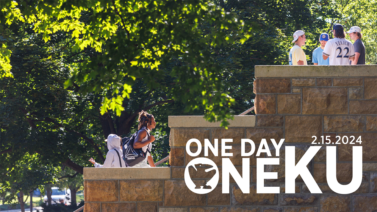 Text says 'ONE DAY. ONE KU. 2.15.2024' over color photograph of students ascending steps of stone building on a sunny day.