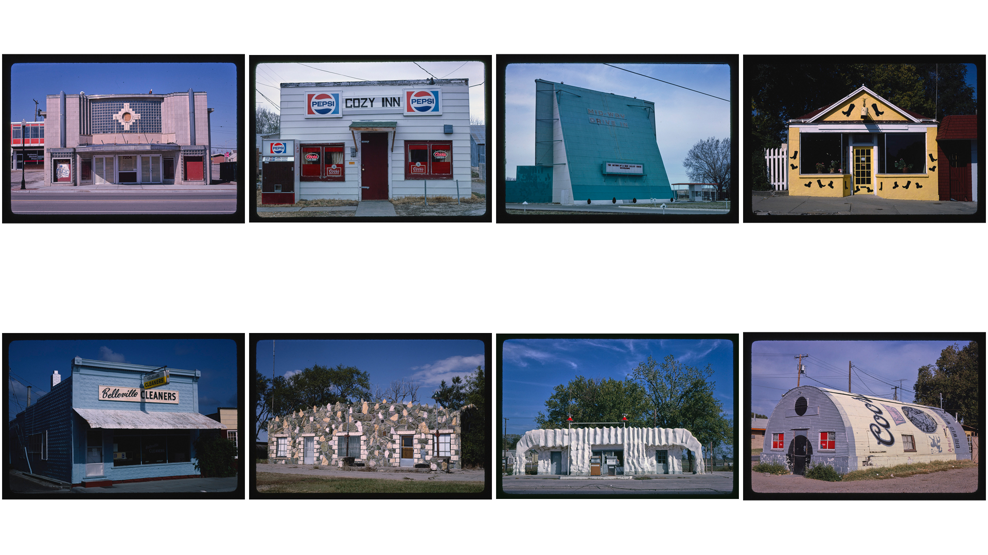 Eight color photographs of roadside Kansas architecture from the Margolies Roadside America archive