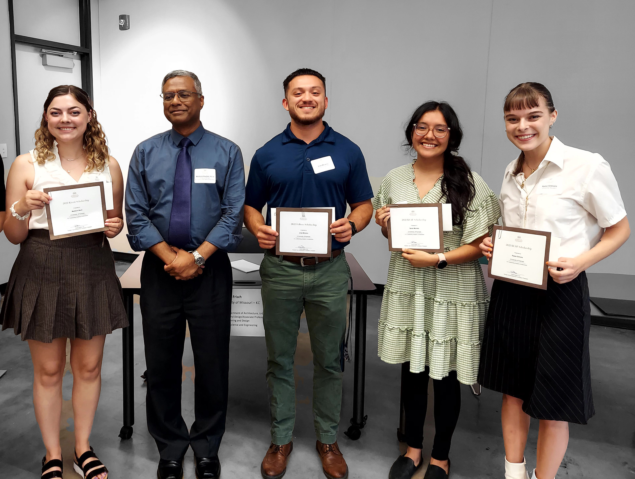  Pictured at Kansas City Architectural Foundation awards ceremony: Madison Beck; Mahbub Rashid, dean of the KU School of Architecture & Design; Jose Moreno; Sarah Montes and Reese Gilmore.