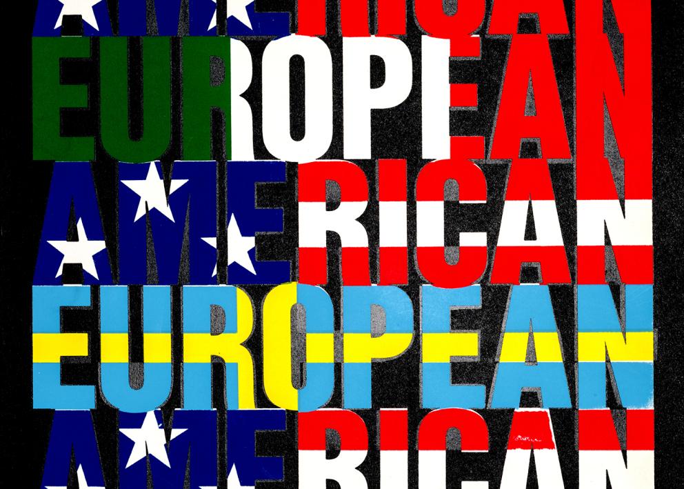 poster featuring American and European flags masked in typography