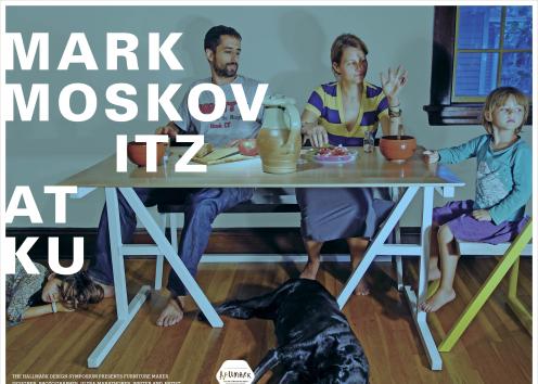 poster featuring photograph of a family seated at a table 