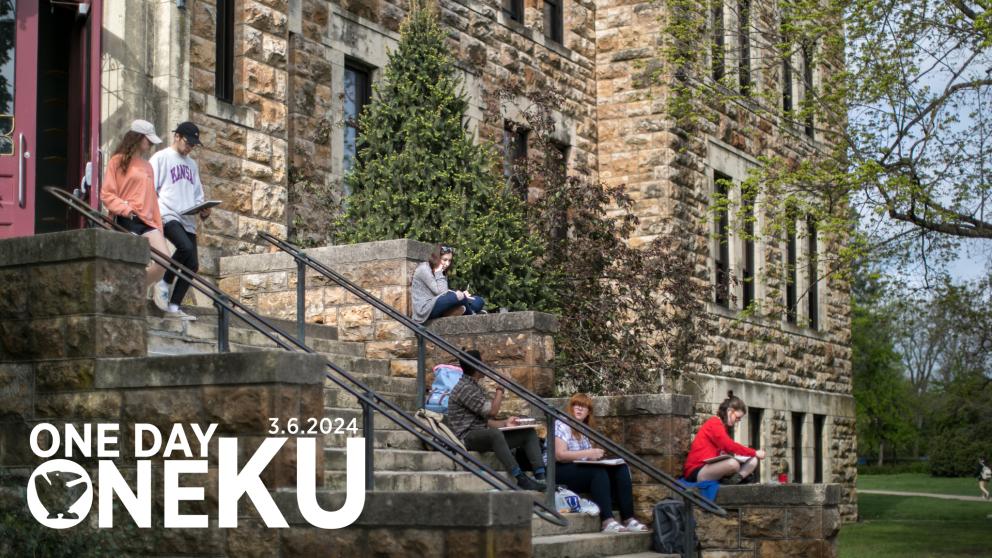 Text says 'ONE DAY ONE KU 3.6.2024' over color photograph of students sitting on steps of stone building