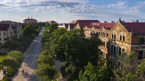 birds-eye color photograph of looking east down Jayhawk Boulevard from above Chi Omega fountain