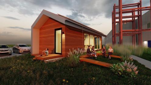 Digital rendering of Studio Haven, a solar home prototype.