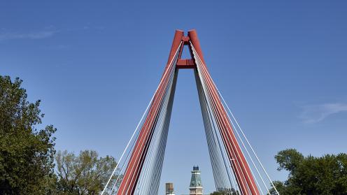 Color photograph of support cables on J. Muller International's Robert N. Stewart Bridge across the Flatrock River in 1999 in Columbus, Indiana.